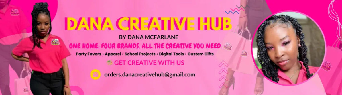 Creative printing and digital products banner for Dana Creative Hub – custom t-shirts, party favors, personalized gifts, eBooks, and affiliate program for entrepreneurs.