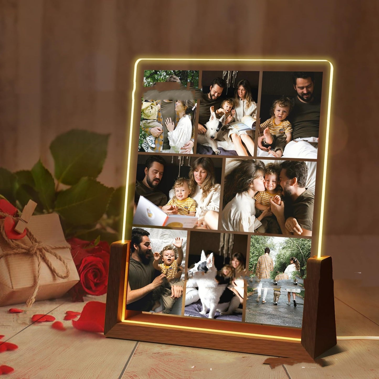 Custom photo night light frame with glowing message and picture