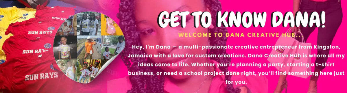 Creative printing and digital products banner for Dana Creative Hub – custom t-shirts, party favors, personalized gifts, eBooks, and affiliate program for entrepreneurs.