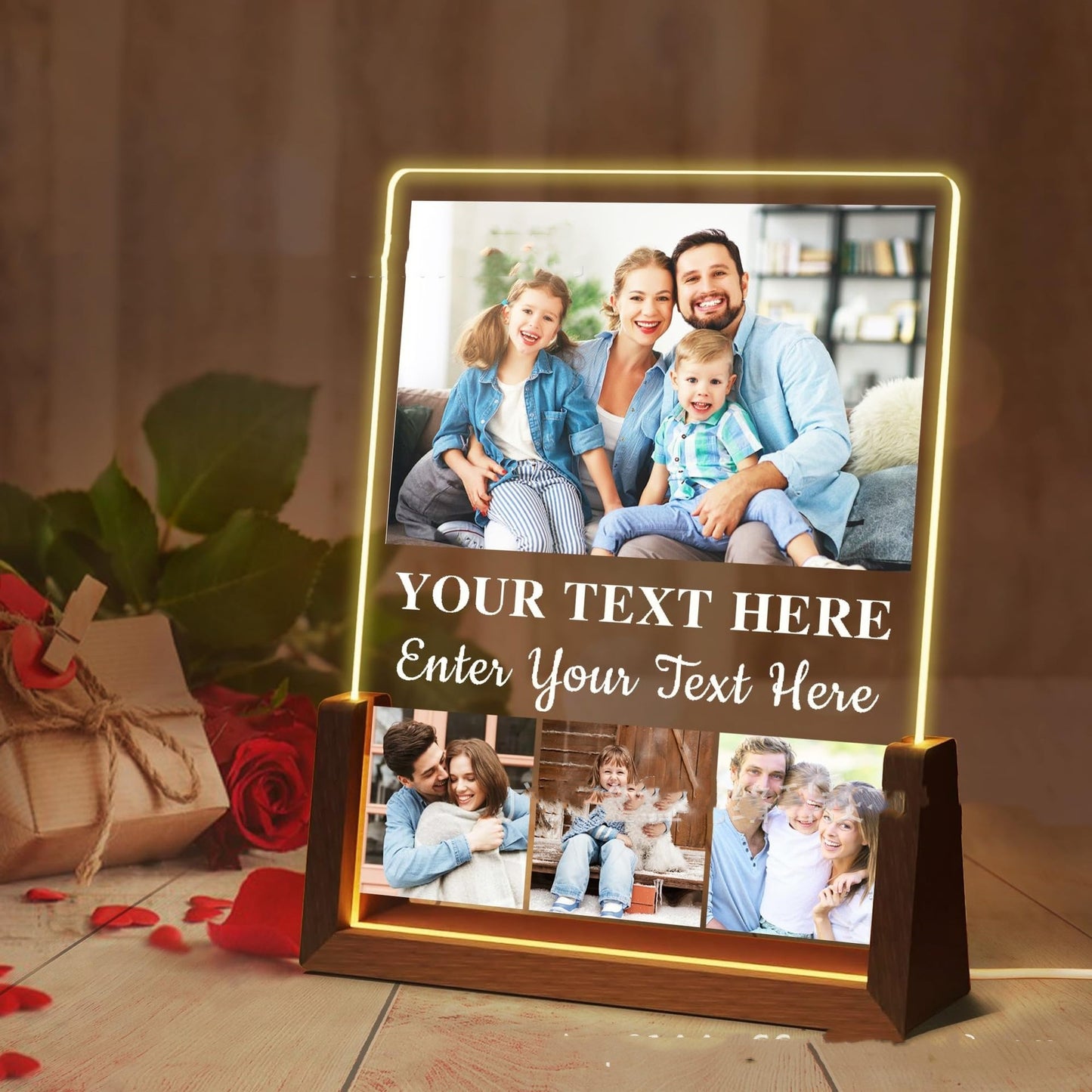 Custom photo night light frame with glowing message and picture