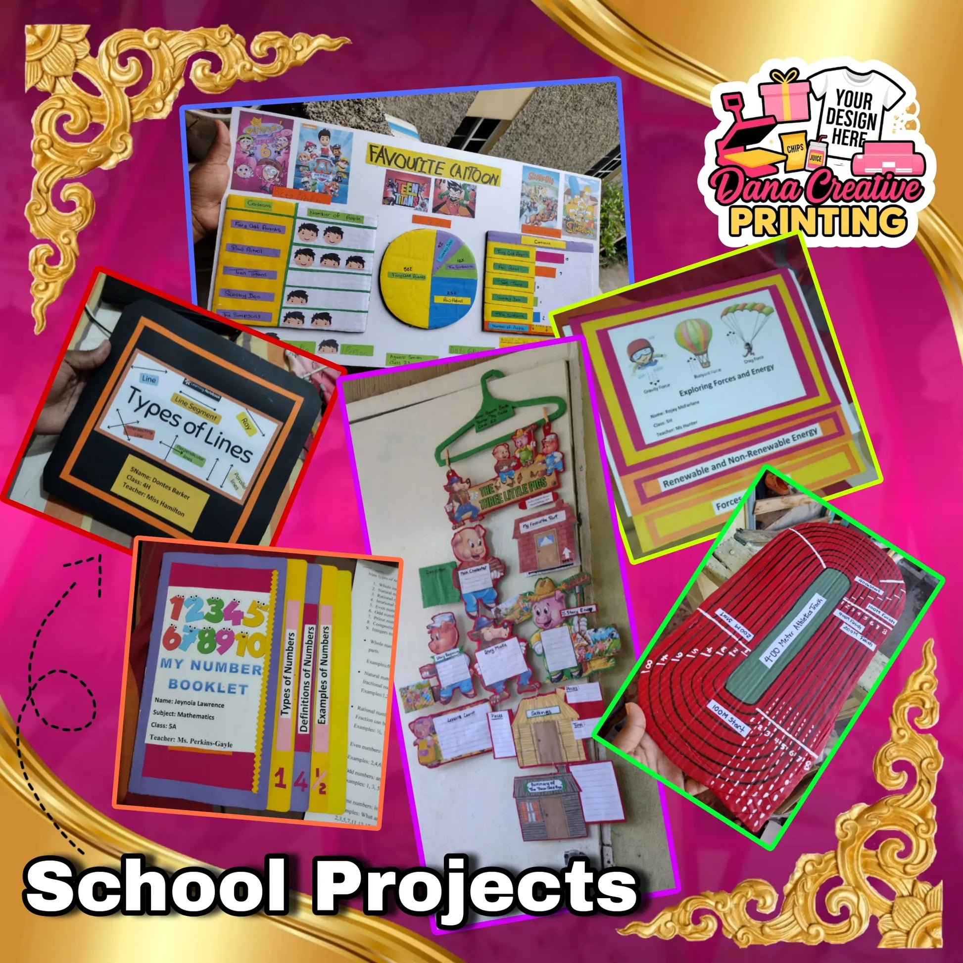 Custom school project display board with subject-based design and creative elements